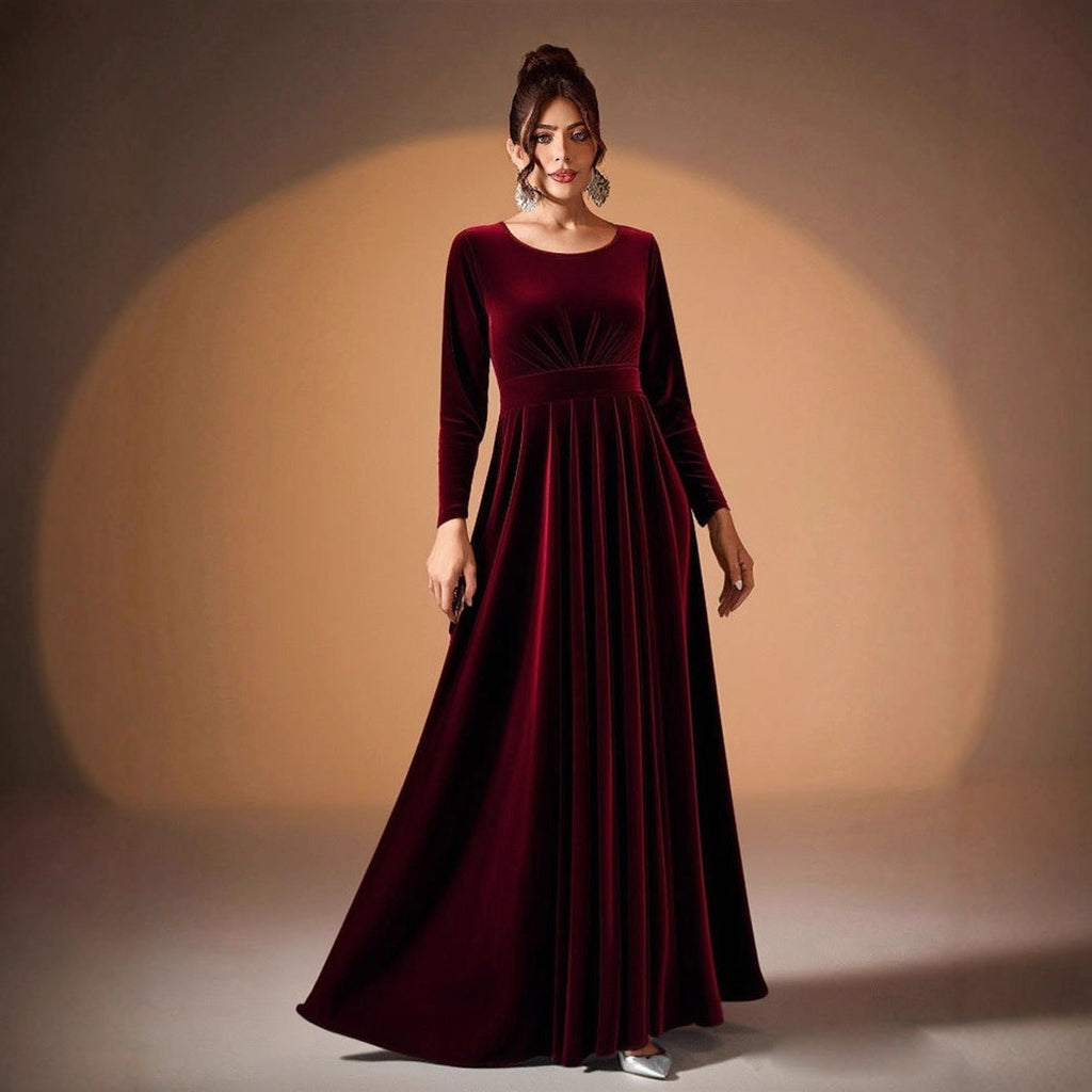 Beatrice Round-Neck Long Sleeve Velvet Maxi Dress