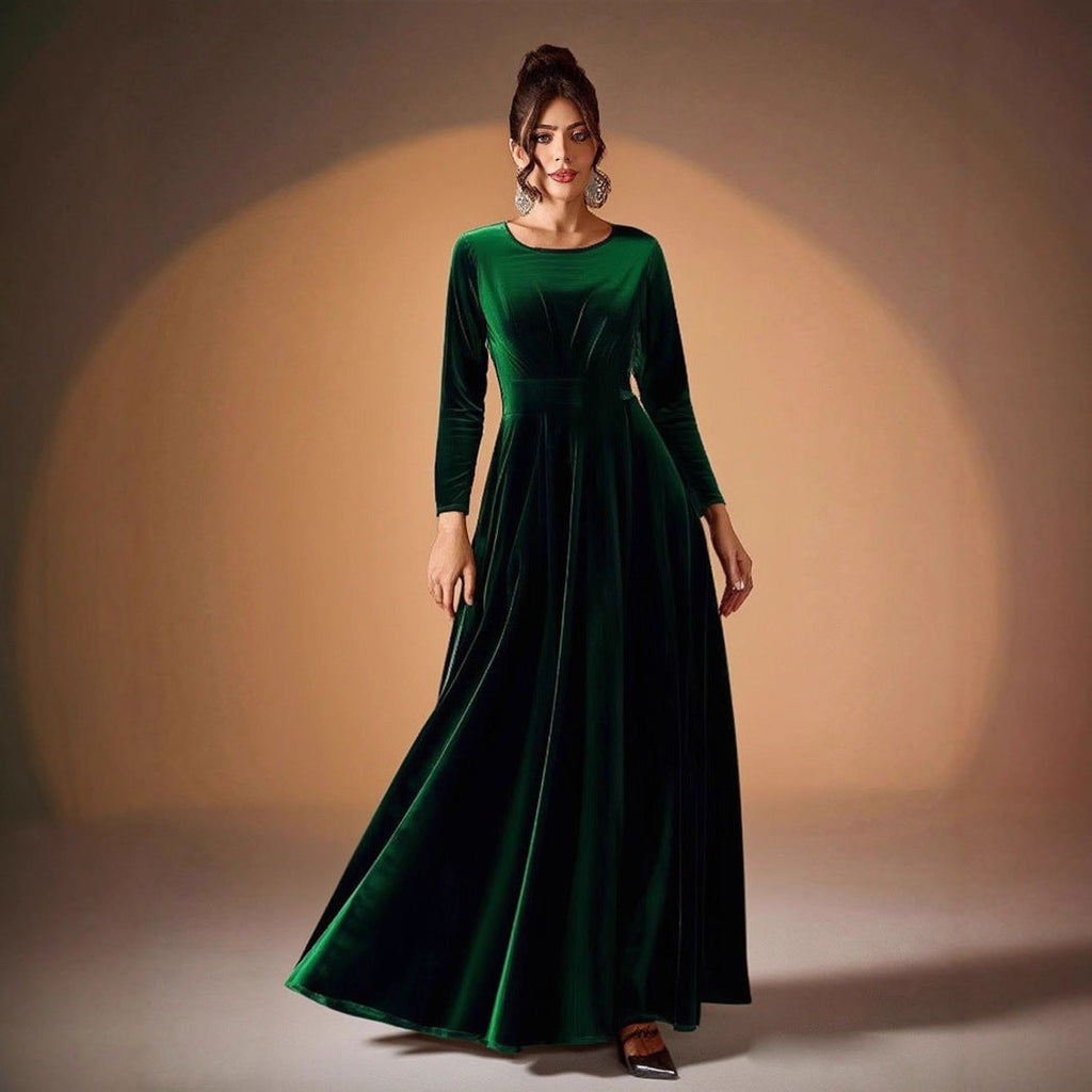 Beatrice Round-Neck Long Sleeve Velvet Maxi Dress