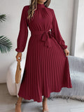 Priscilla Belted Pleated High-Neck Maxi Dress