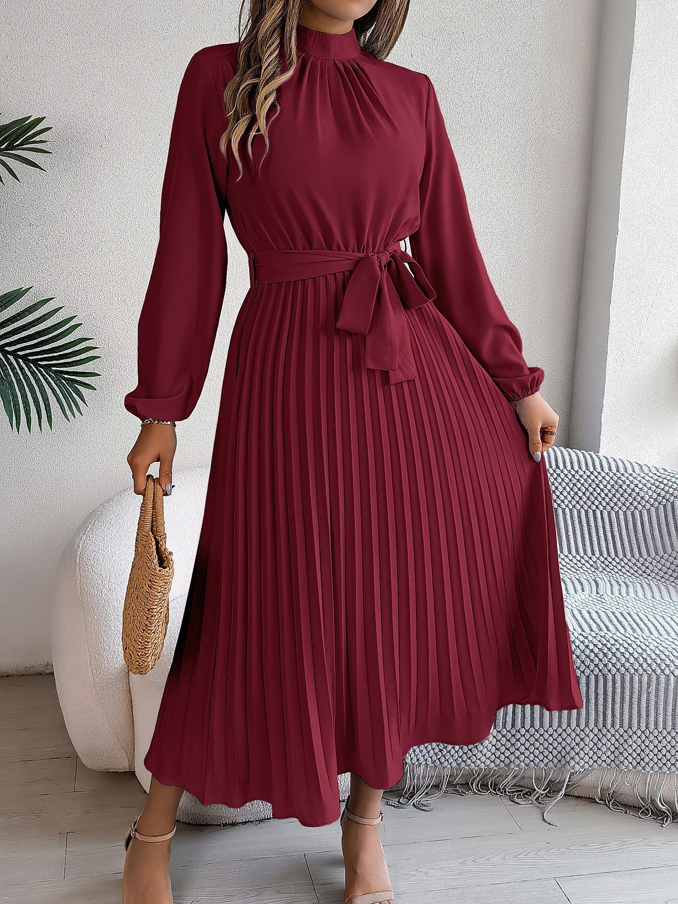 Priscilla Belted Pleated High-Neck Maxi Dress