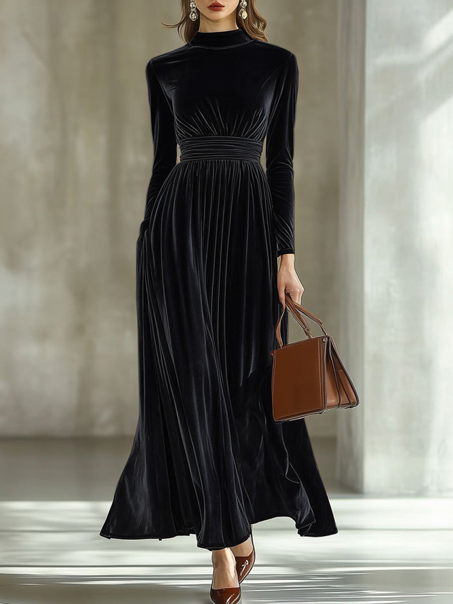 Margot Pleated Velvet High-Neck Maxi Dress