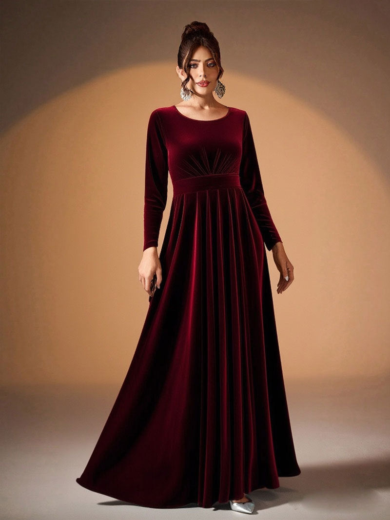 Beatrice Round-Neck Long Sleeve Velvet Maxi Dress