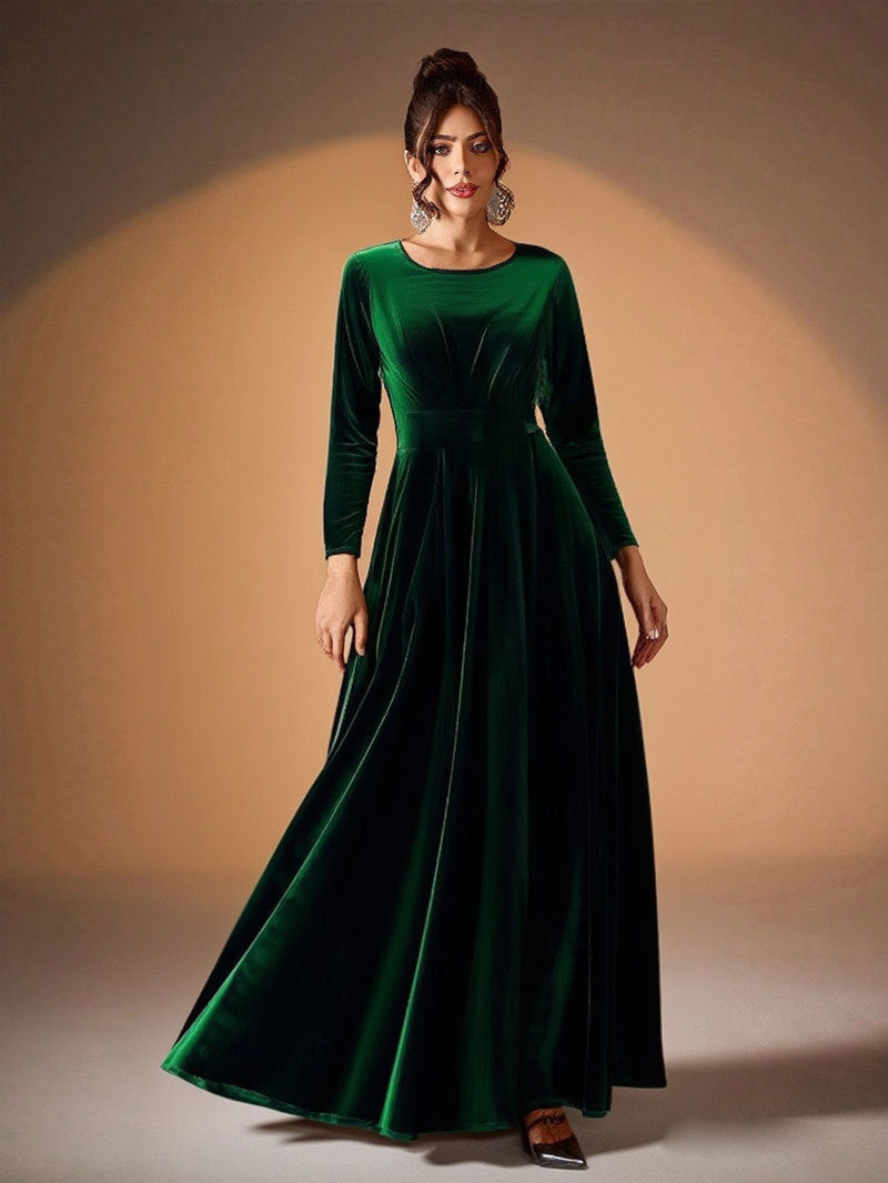 Beatrice Round-Neck Long Sleeve Velvet Maxi Dress