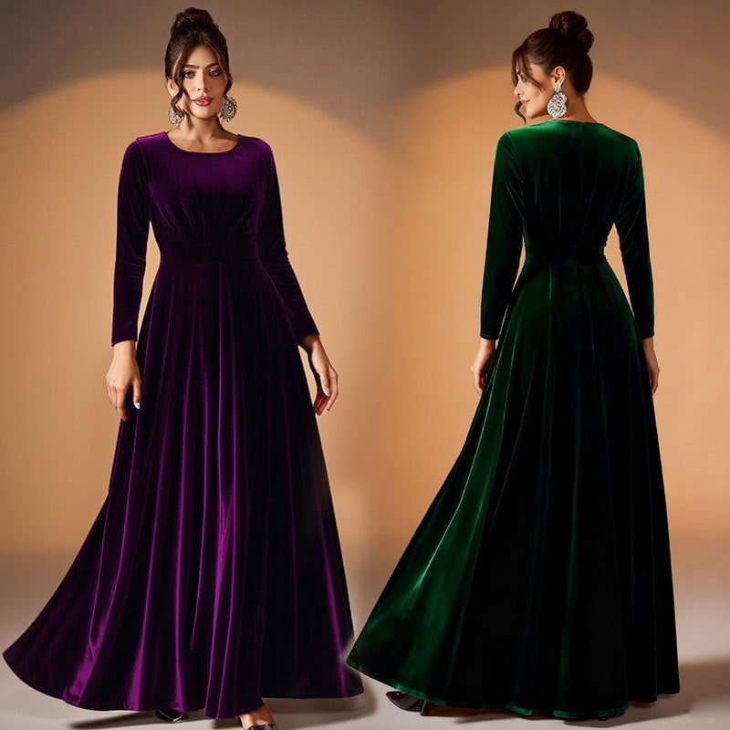 Beatrice Round-Neck Long Sleeve Velvet Maxi Dress