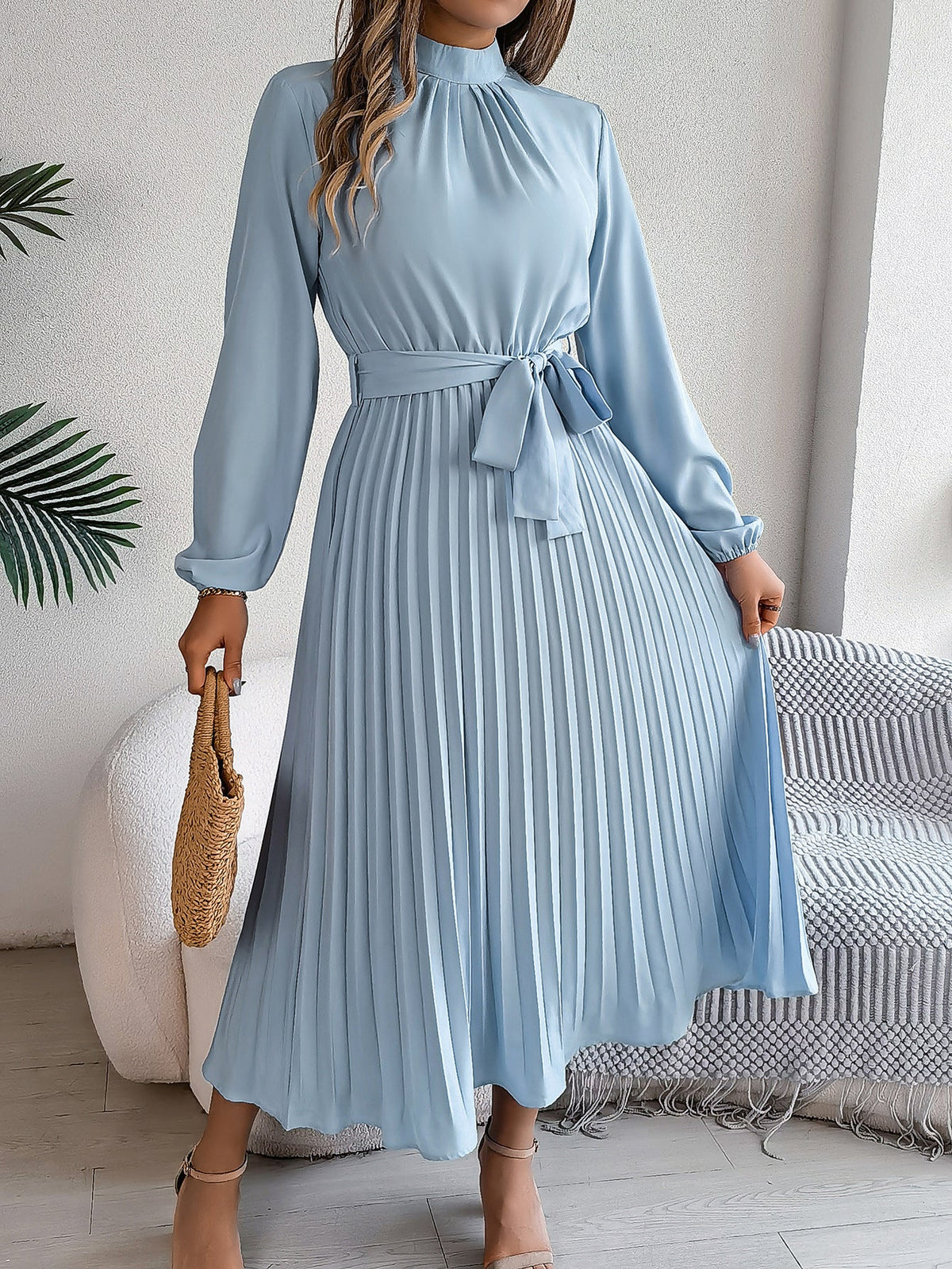 Priscilla Belted Pleated High-Neck Maxi Dress