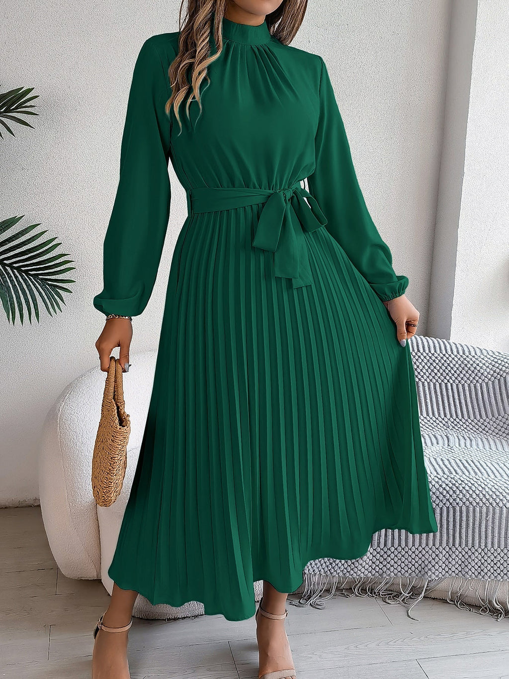 Priscilla Belted Pleated High-Neck Maxi Dress