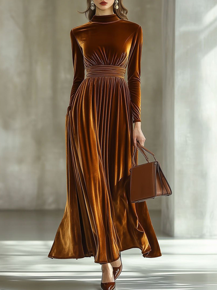 Margot Pleated Velvet High-Neck Maxi Dress