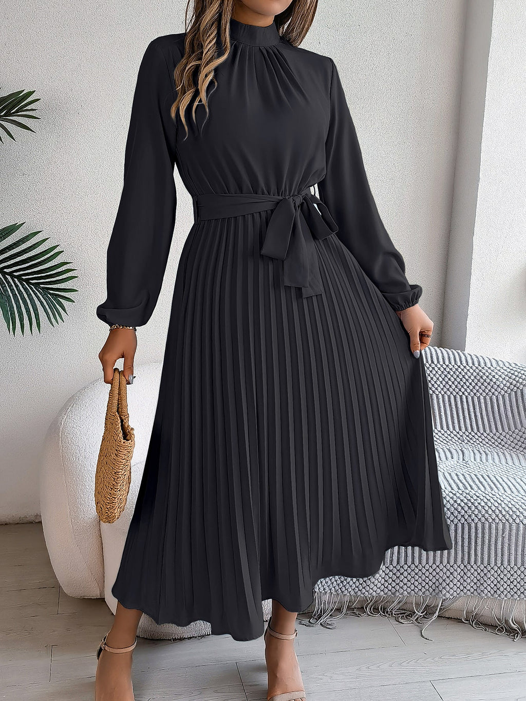 Priscilla Belted Pleated High-Neck Maxi Dress
