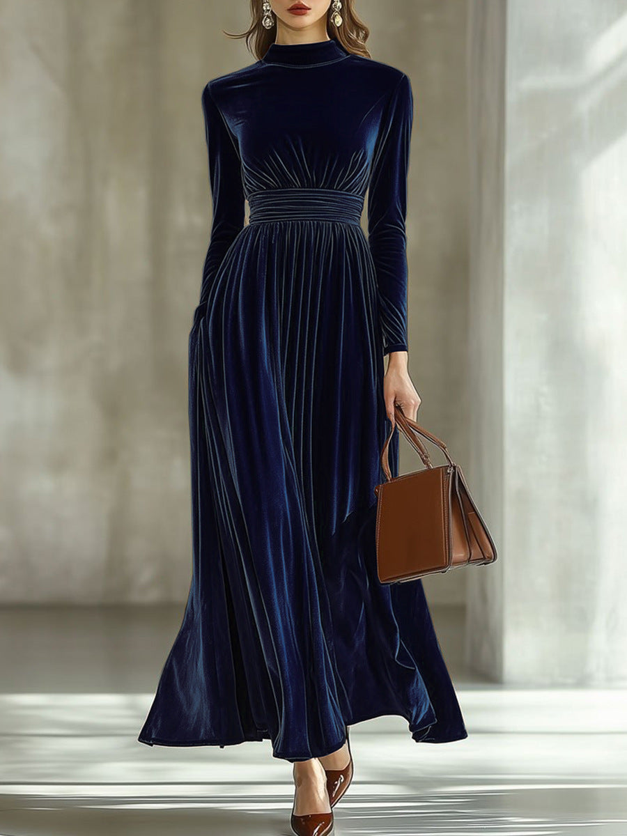 Margot Pleated Velvet High-Neck Maxi Dress