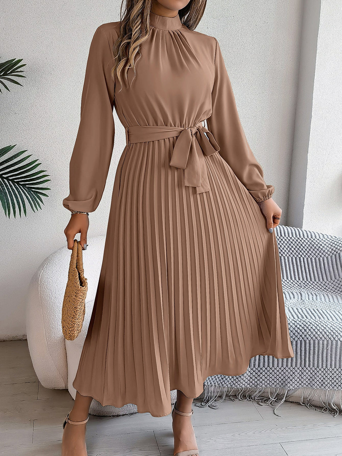 Priscilla Belted Pleated High-Neck Maxi Dress
