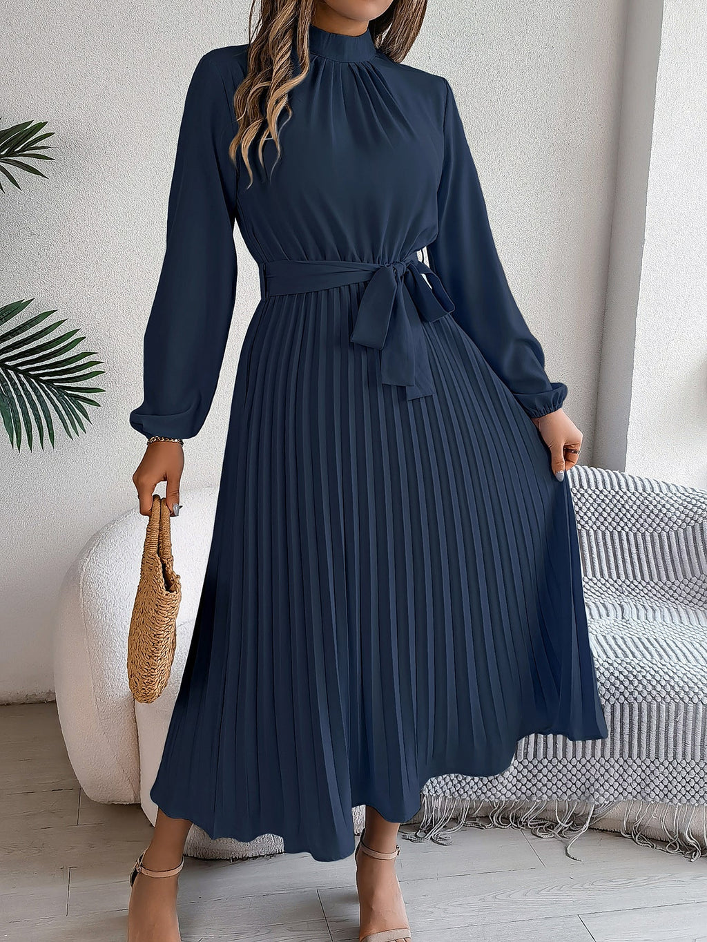 Priscilla Belted Pleated High-Neck Maxi Dress