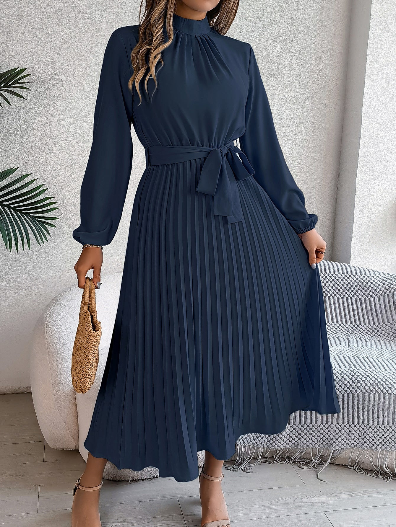 Priscilla Belted Pleated High-Neck Maxi Dress