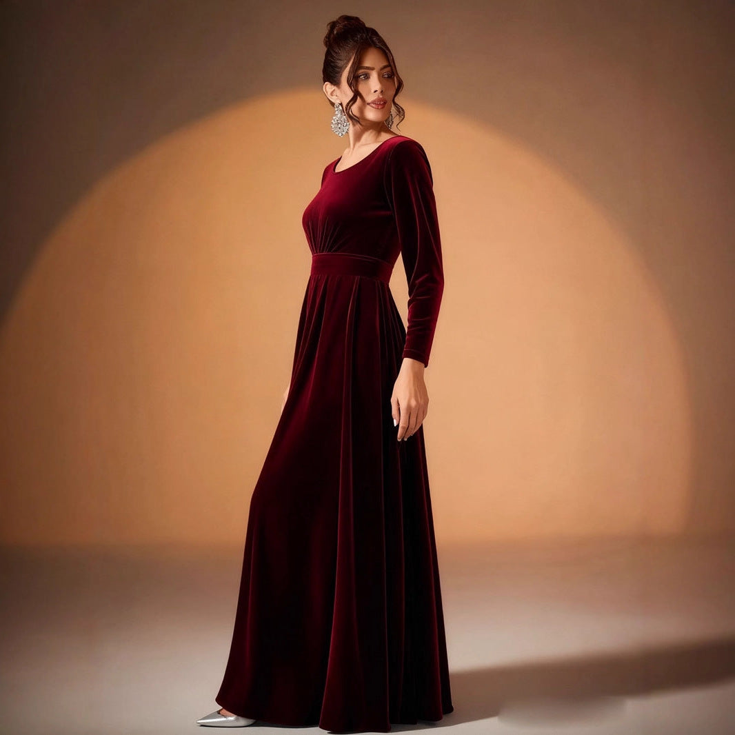 Beatrice Round-Neck Long Sleeve Velvet Maxi Dress