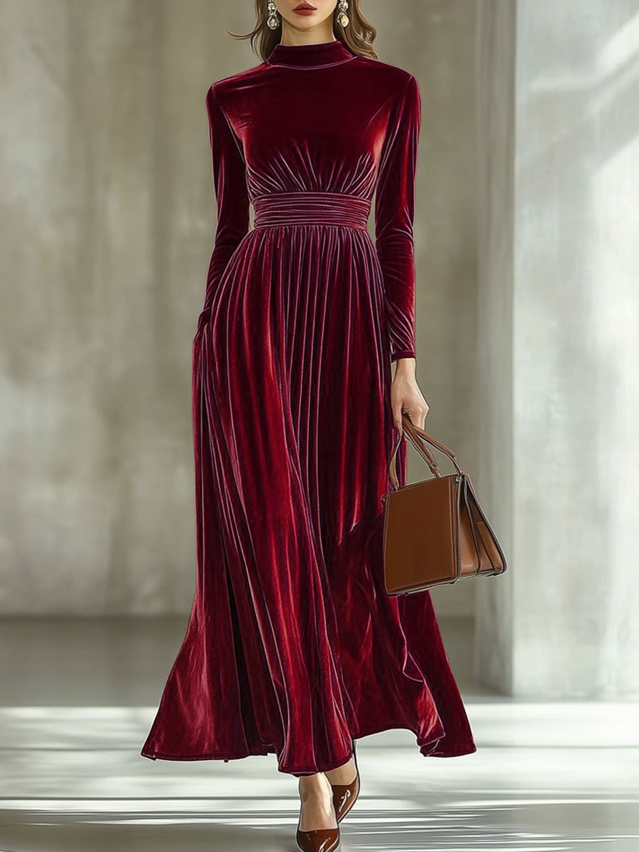 Margot Pleated Velvet High-Neck Maxi Dress
