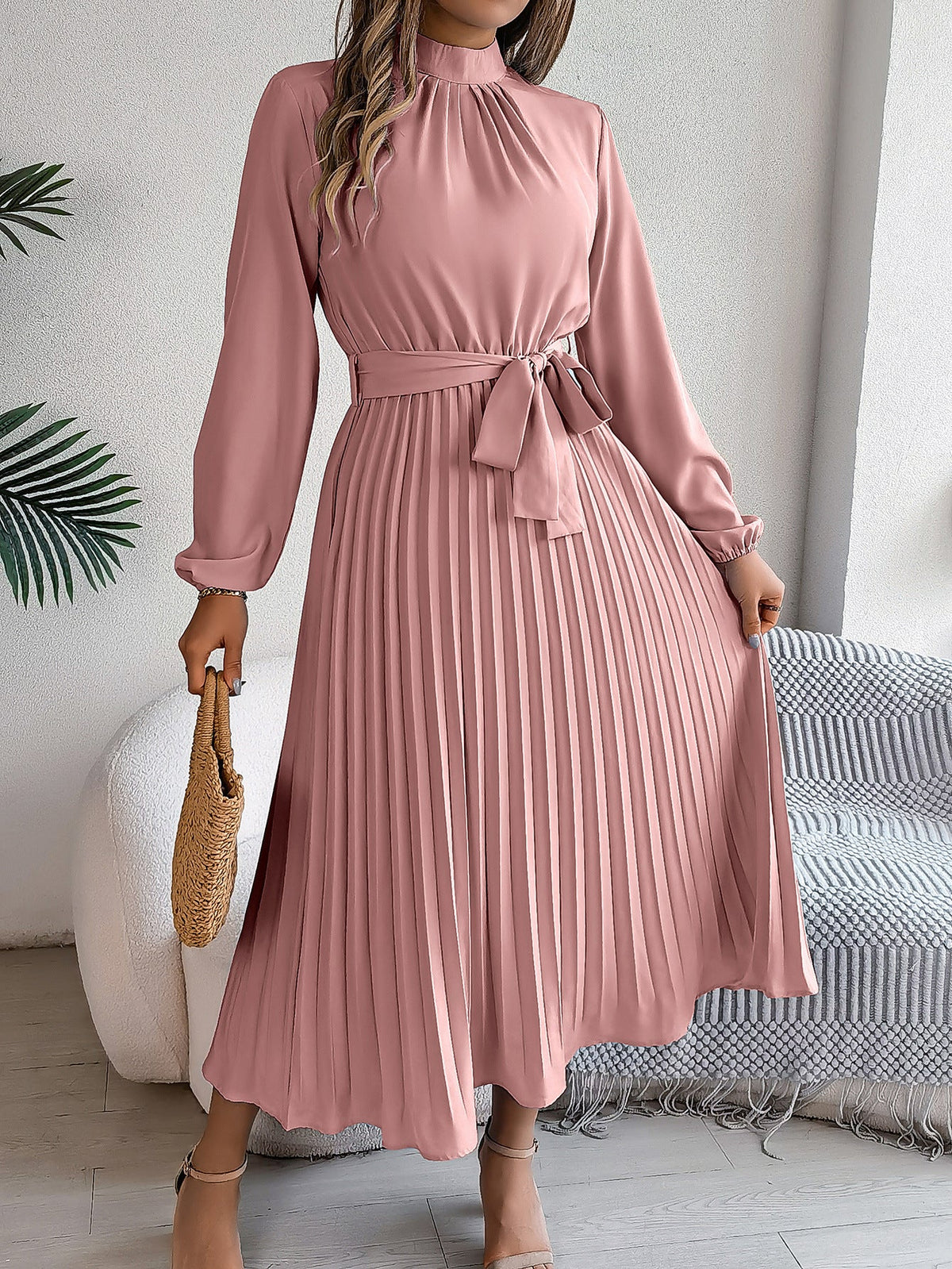 Priscilla Belted Pleated High-Neck Maxi Dress