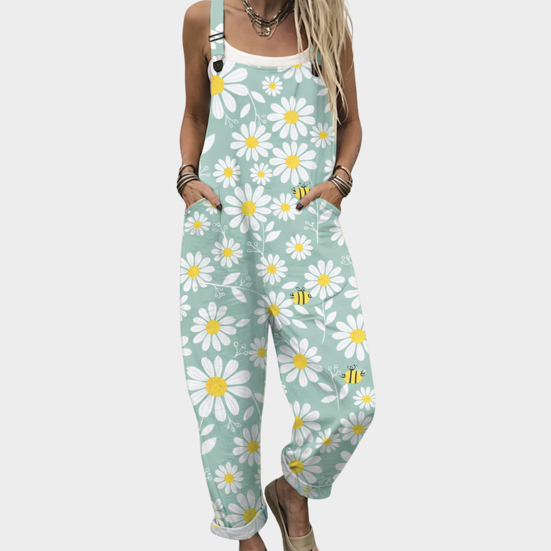 Florentine pastel green overalls with white daisy floral print
