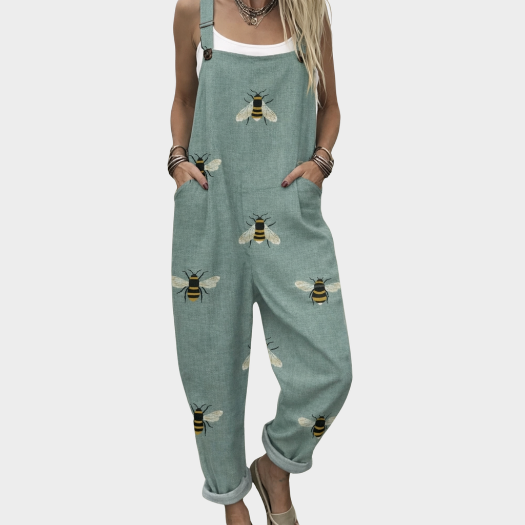 Solene soft sage green bee pattern loose overalls