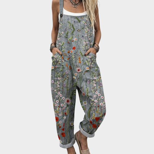 Adeline natural grey meadow floral print overalls