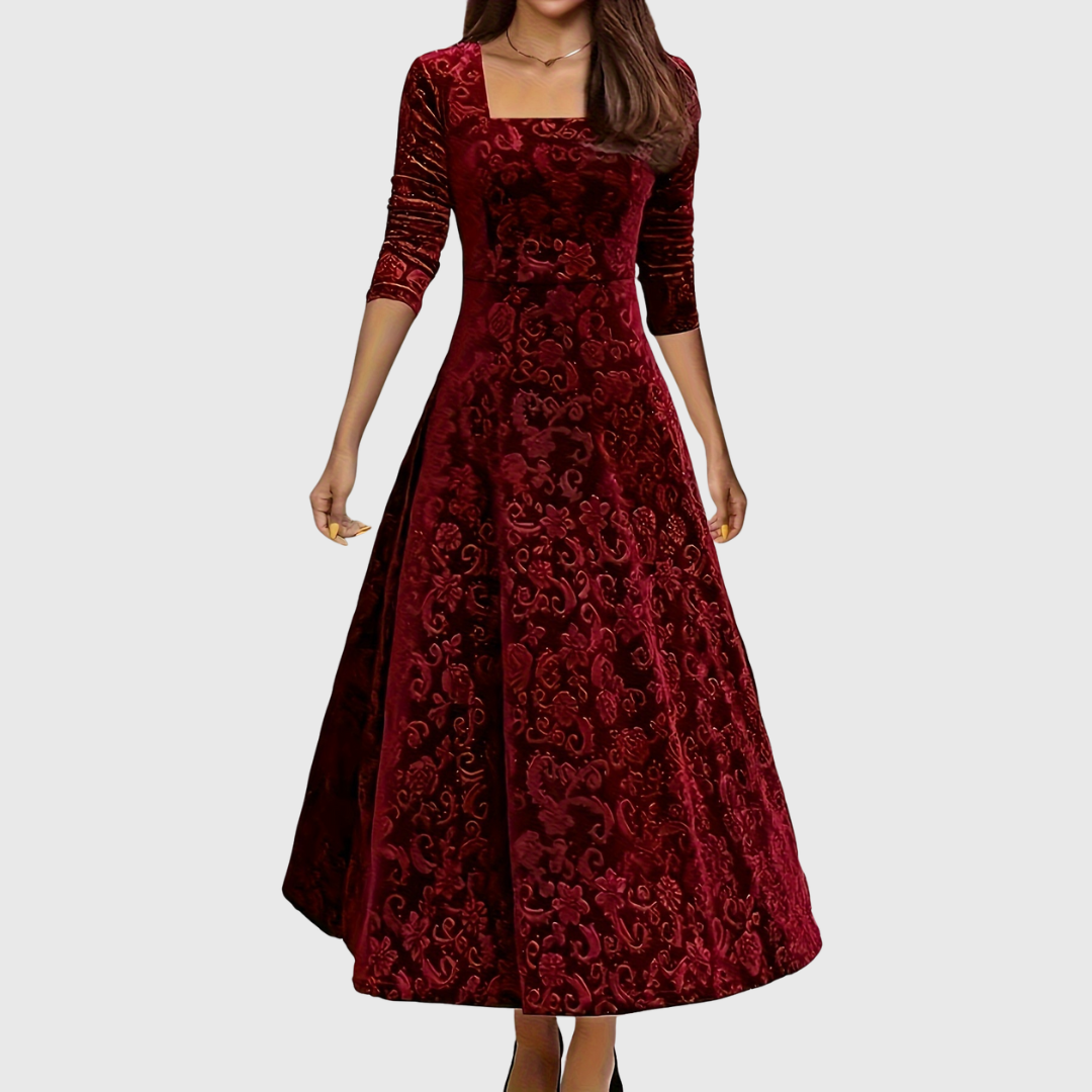 Dorothy Patterned Square-Neck Maxi Dress with three-quarter sleeves