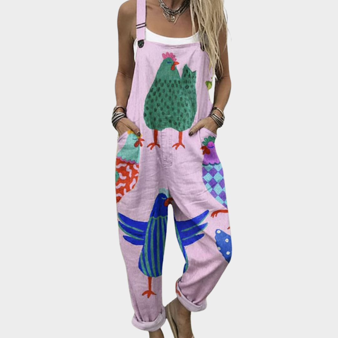Celestine pastel pink overalls with colorful artistic graphic print