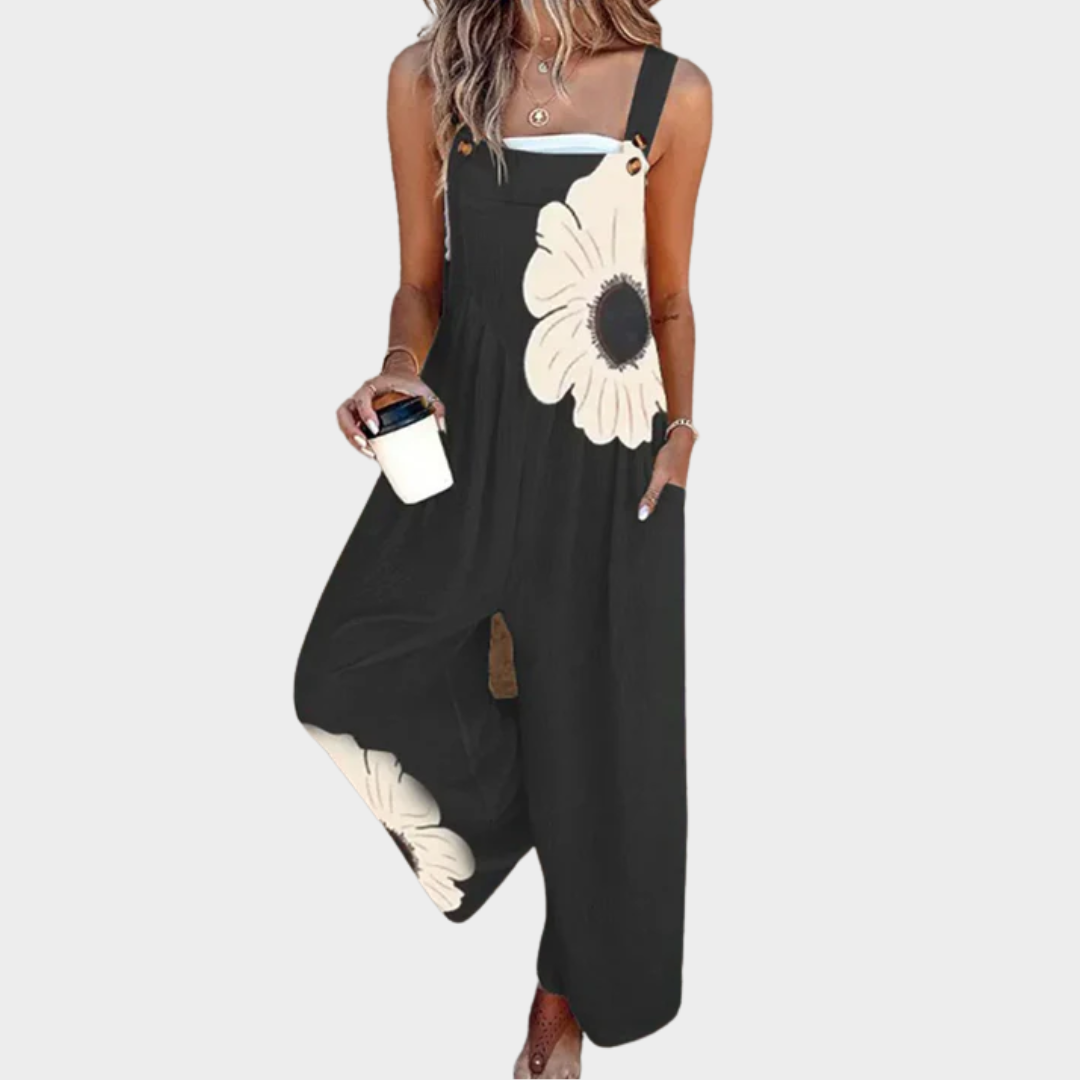 Amandine black contrasting floral print loose overalls