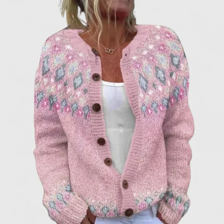 Close-up of the woven pattern and decorative buttons on the Thalynora cardigan