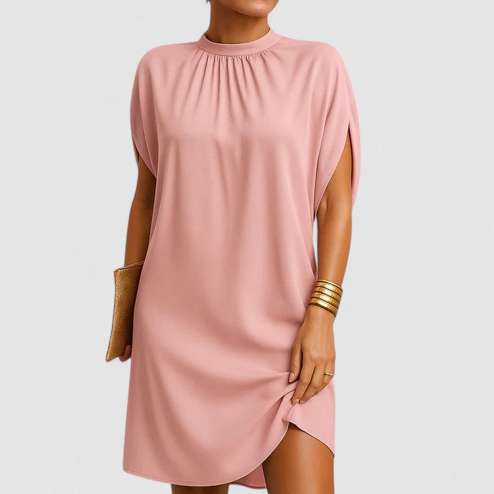 Jeanne Cold-Shoulder Ruched Dress with delicate shoulder cutouts and gathered neckline