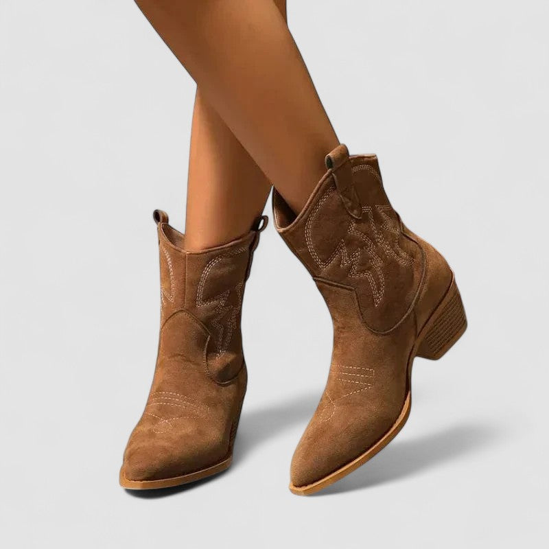 Camille embroidered western suede boots with low block heel