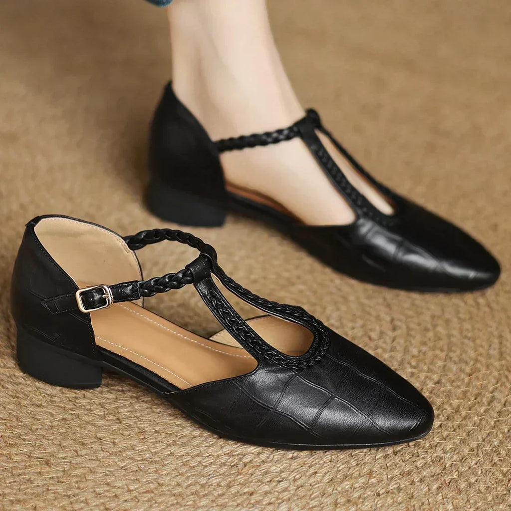 Inès - Metallic Buckle T-Strap Leather Mary Janes