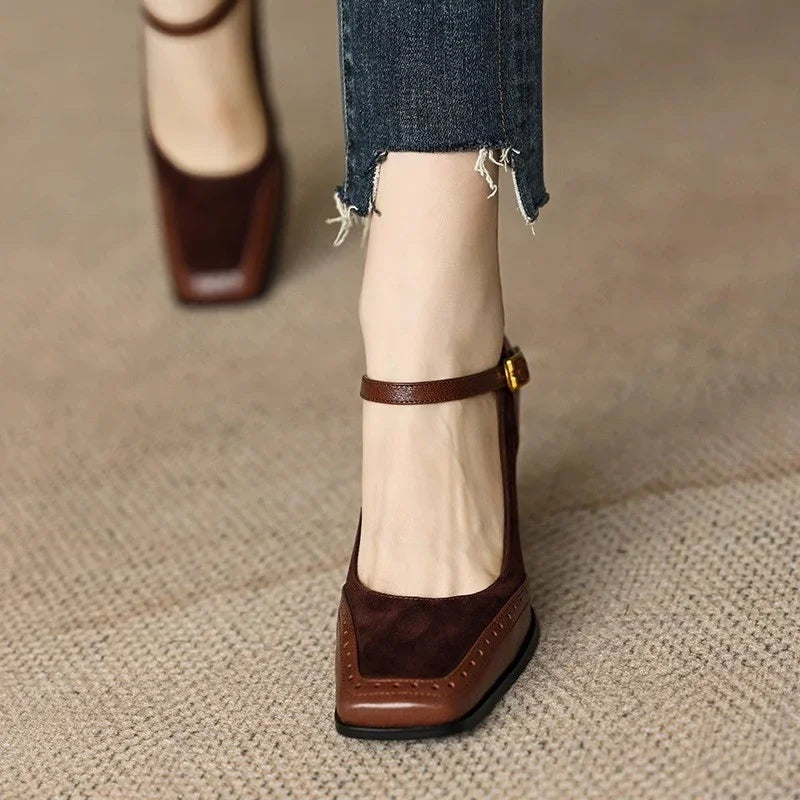 Claire - Brogue Stitched Square-Toe Ankle-Strap Pumps