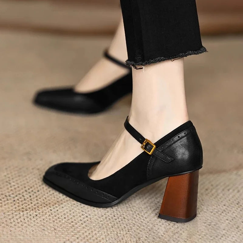 Claire - Brogue Stitched Square-Toe Ankle-Strap Pumps