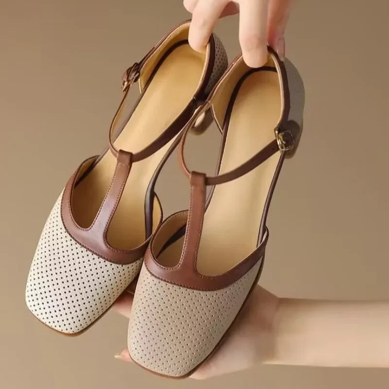 Agnes - Two-Tone T-Bar Mid-Heel Pumps