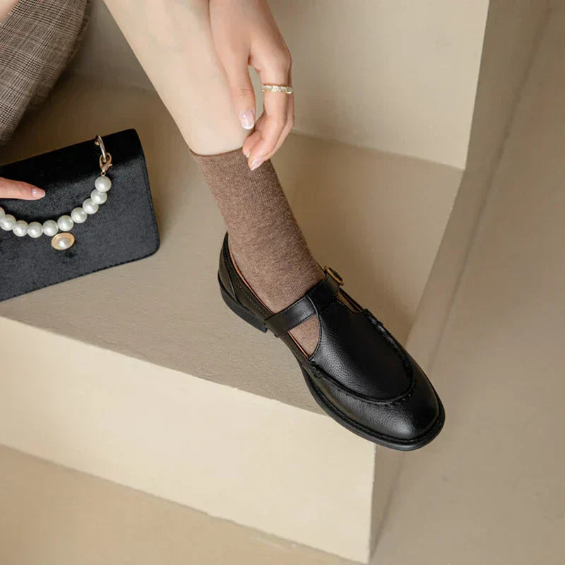 Léa - Round-Toe Retro Stitched Leather Flats