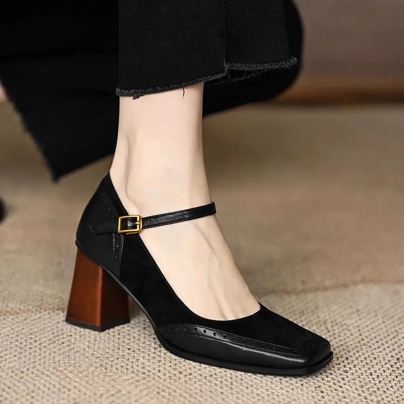 Claire - Brogue Stitched Square-Toe Ankle-Strap Pumps