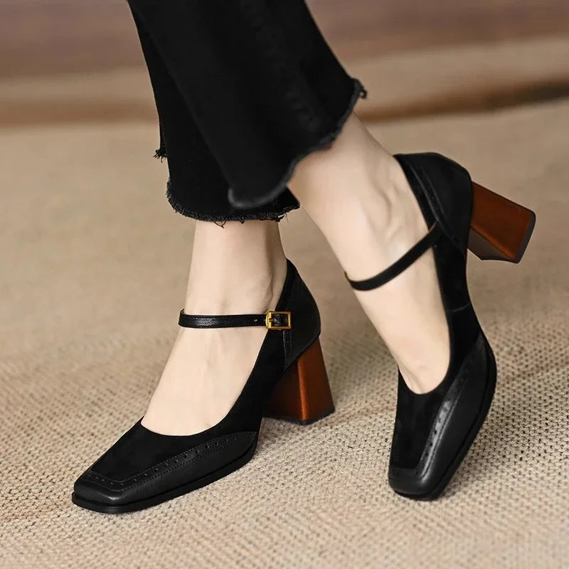 Claire - Brogue Stitched Square-Toe Ankle-Strap Pumps