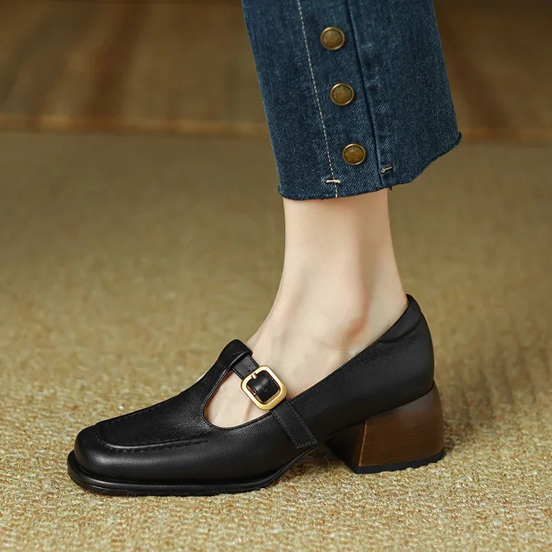 Camille - Structured Square-Toe Low Block T-Strap Heels