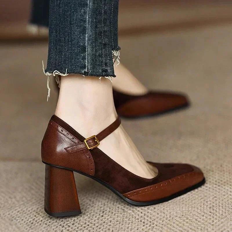 Claire - Brogue Stitched Square-Toe Ankle-Strap Pumps