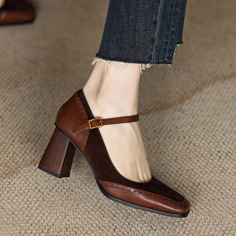 Claire - Brogue Stitched Square-Toe Ankle-Strap Pumps