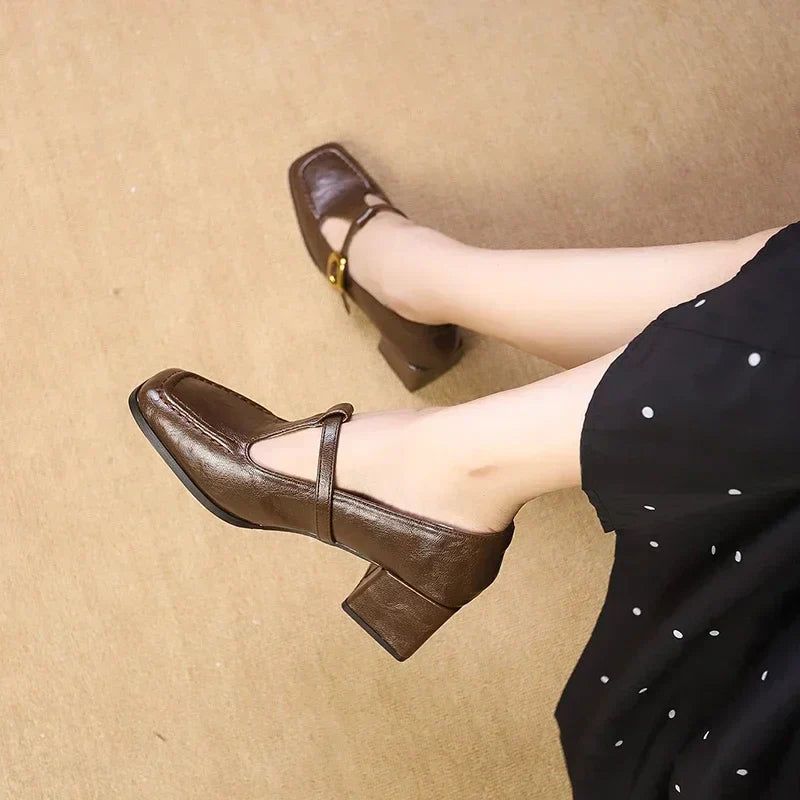 Maëlle - French Square-Toe Polished Block Mary Janes