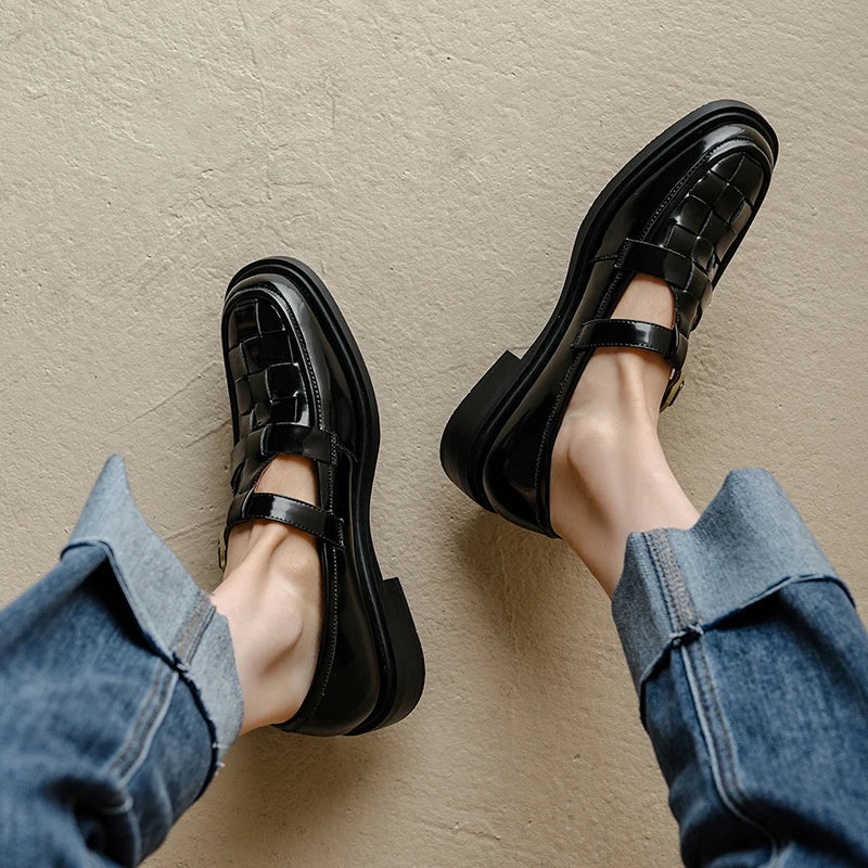 Claudine - Woven Texture Retro Strap Ballerina Flats