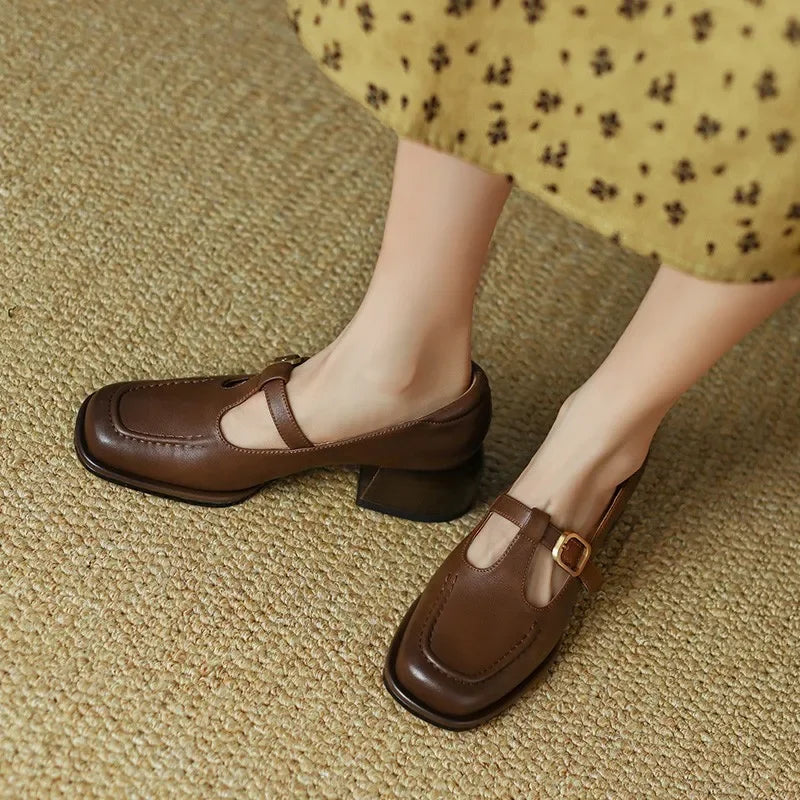 Camille - Structured Square-Toe Low Block T-Strap Heels