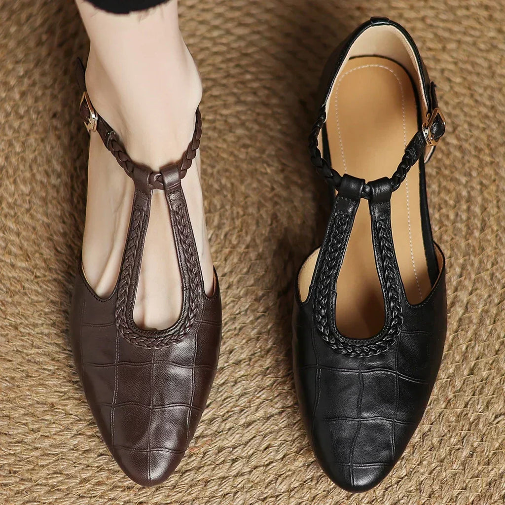 Inès - Metallic Buckle T-Strap Leather Mary Janes