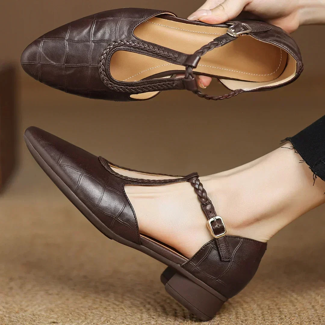 Inès - Metallic Buckle T-Strap Leather Mary Janes