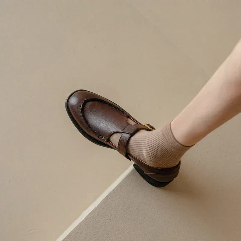 Léa - Round-Toe Retro Stitched Leather Flats