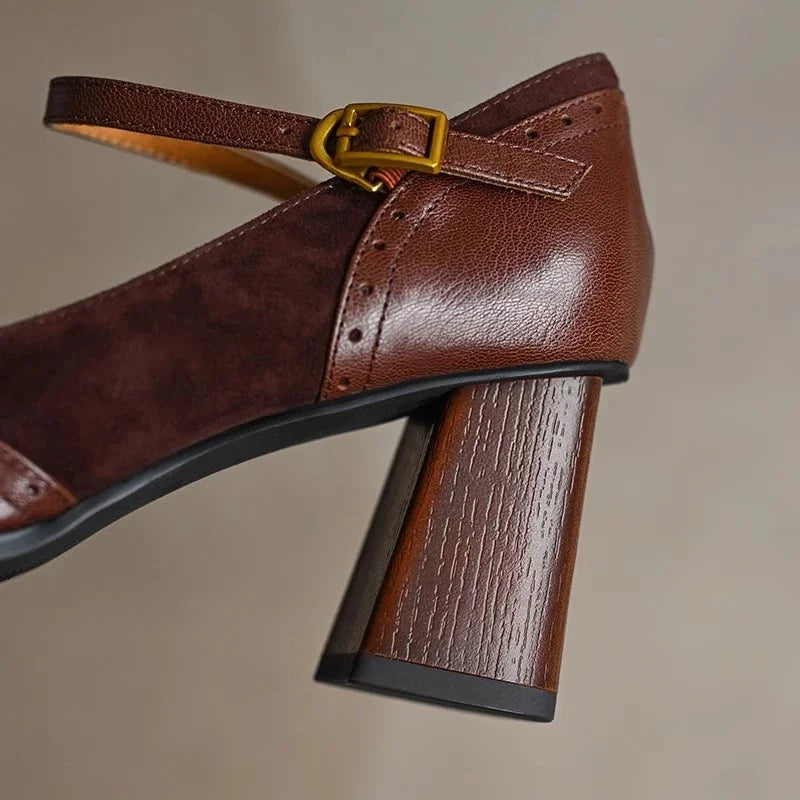 Claire - Brogue Stitched Square-Toe Ankle-Strap Pumps
