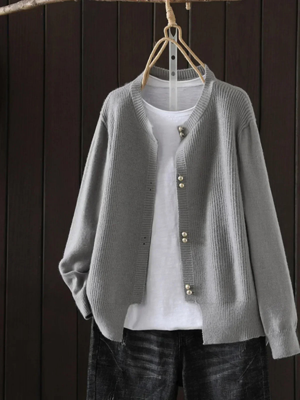 Auri - Pearl-Button Crewneck Cardigan