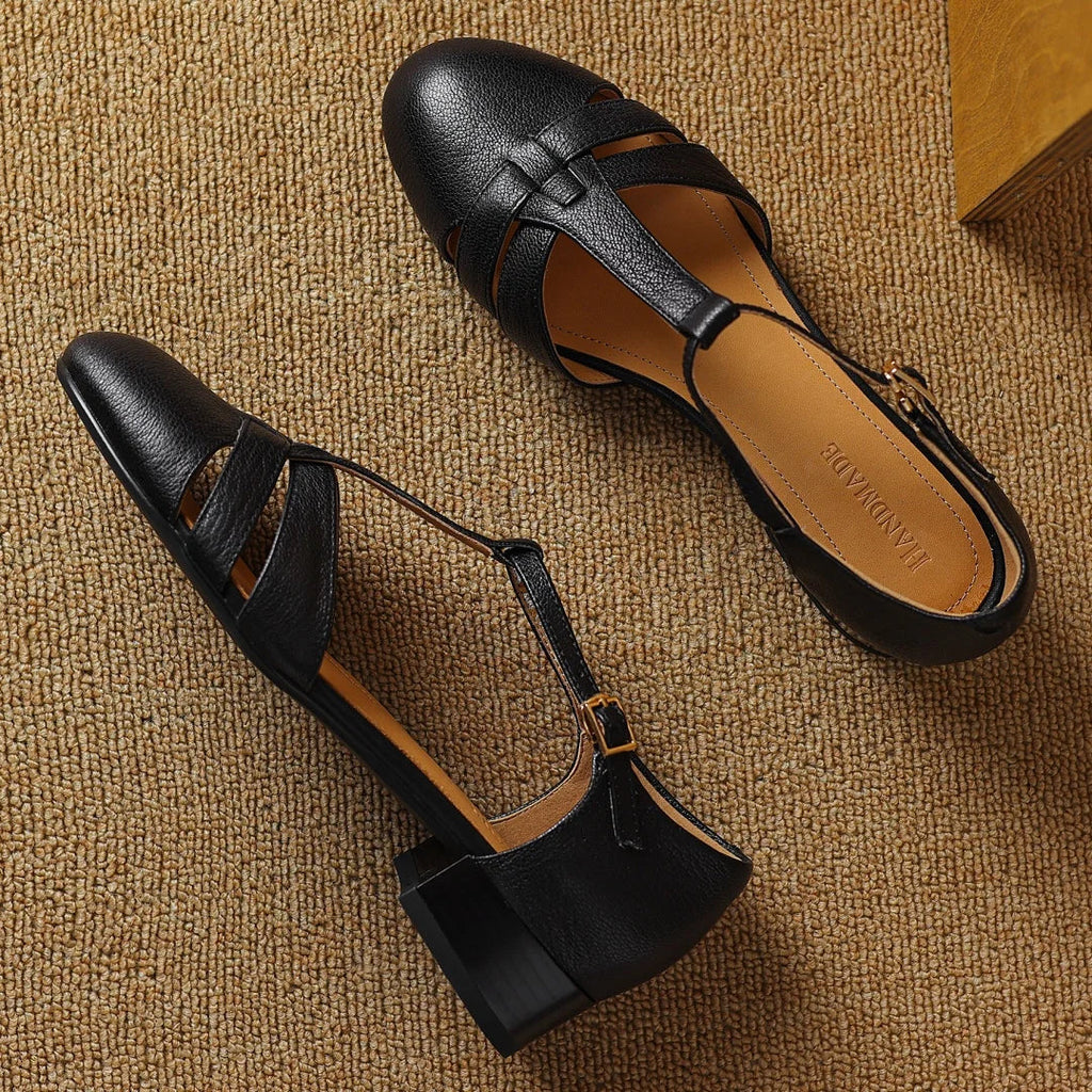 Camille - Brogue Detailed Leather T-Bar Flats