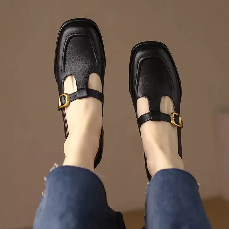 Camille - Structured Square-Toe Low Block T-Strap Heels