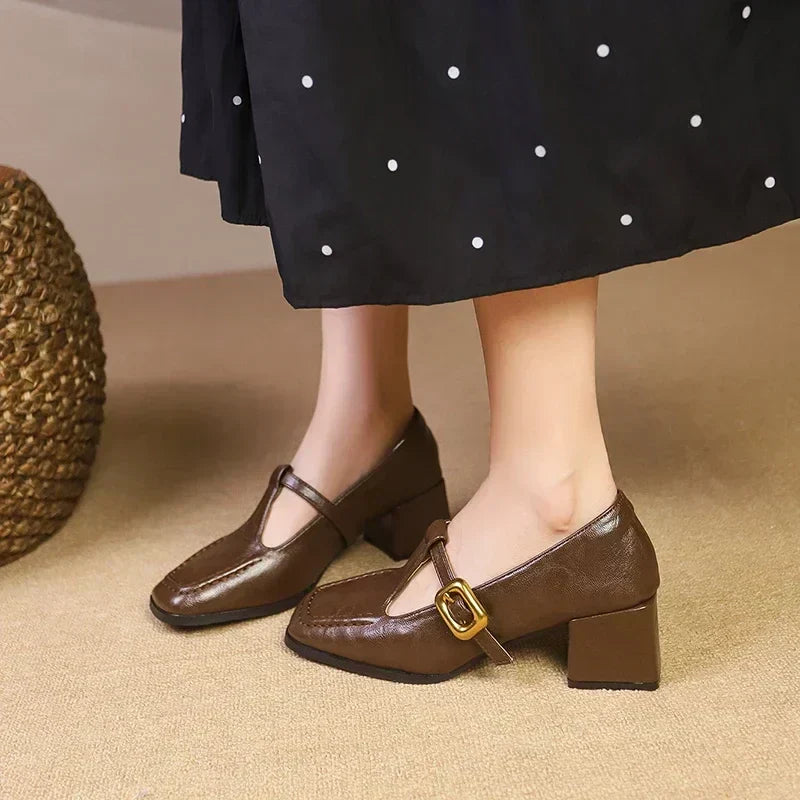 Maëlle - French Square-Toe Polished Block Mary Janes