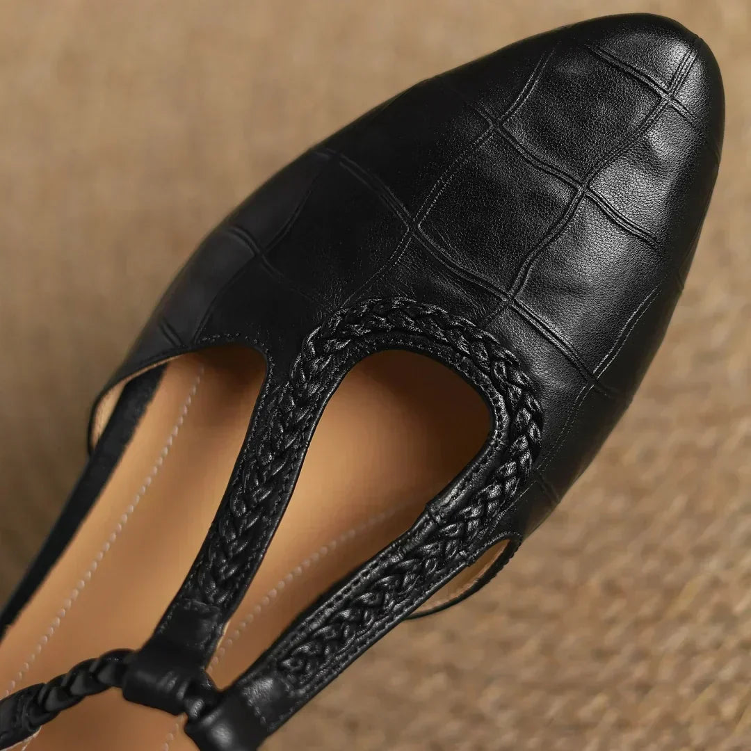 Inès - Metallic Buckle T-Strap Leather Mary Janes